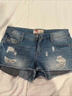lei Faded Blue Distressed Denim Shorts with Polka Trim